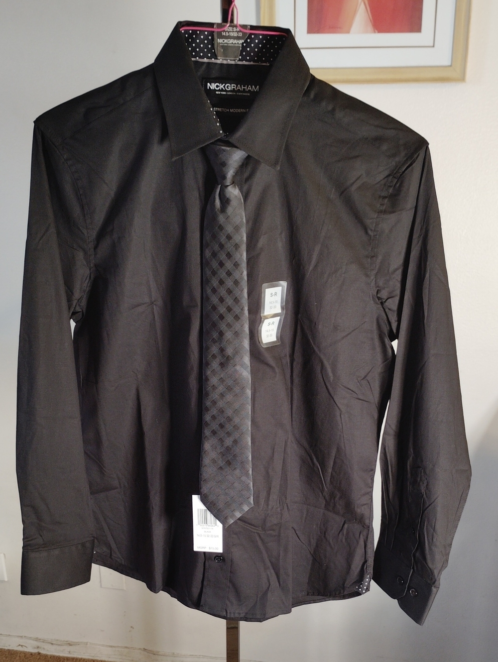 Nick Graham Black Men's Dress Shirt with Coordinated Tie